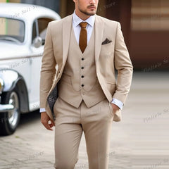 New Beige Business Suit Men Tuxedos Groom Groomsman Prom Wedding Party Formal 3 Piece Set Jacket Vest Pants