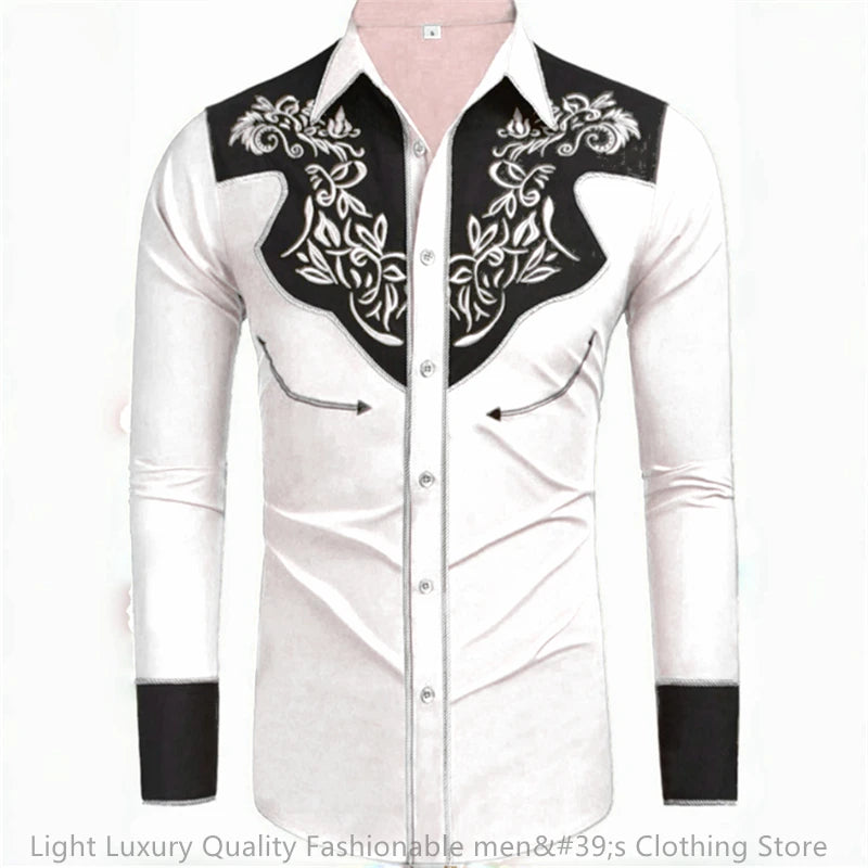 Men's long-sleeved retro western denim shirt by Showlu Fashion, loose fit, soft fabric, available in 20 colors, casual and big size.