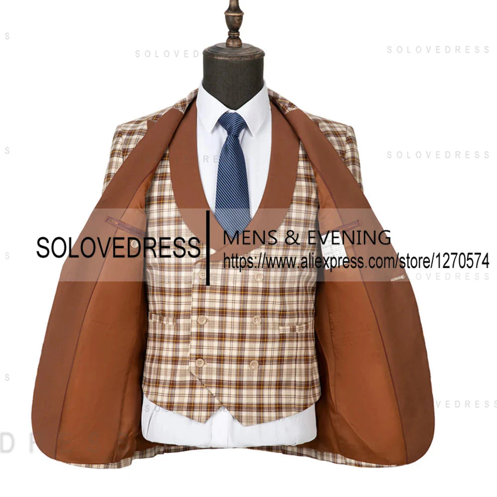 Showlu Fashion men's 3-piece checkered slim fit wedding suit with blazer, vest, and pants, displayed on a hanger.