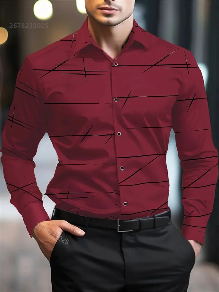 Men's long-sleeved casual shirt with geometric 3D print, lapel collar, large size, from Showlu Fashion Store