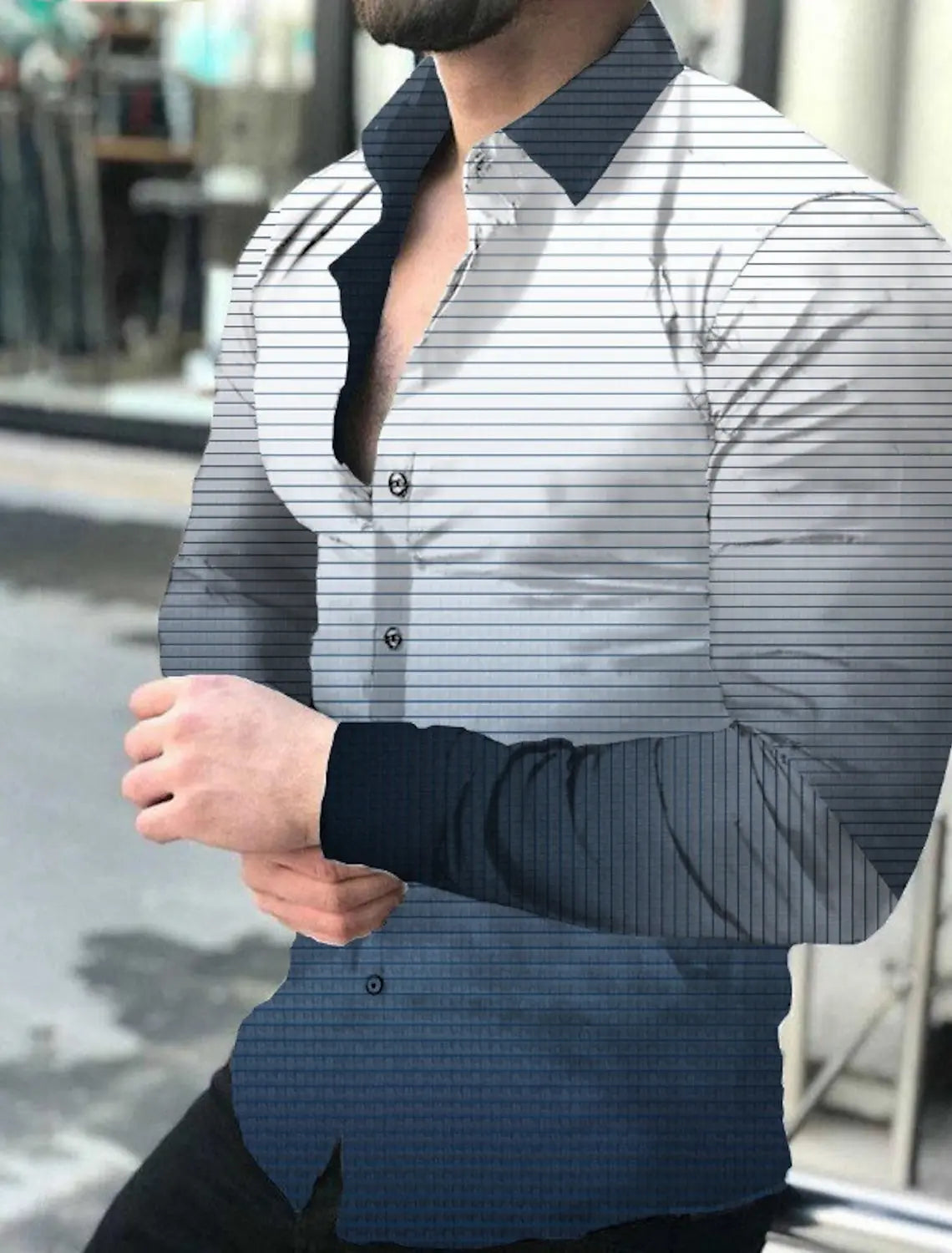 Men's plaid and striped graphic print long sleeve button-down shirt by Showlu Fashion Store, featuring turndown collar and outdoor style.