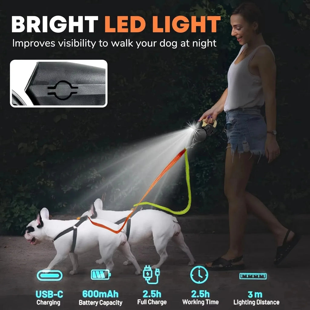 Showlu 3m retractable double dog leash with reflective surface and no-tangle design, suitable for walking two dogs safely.