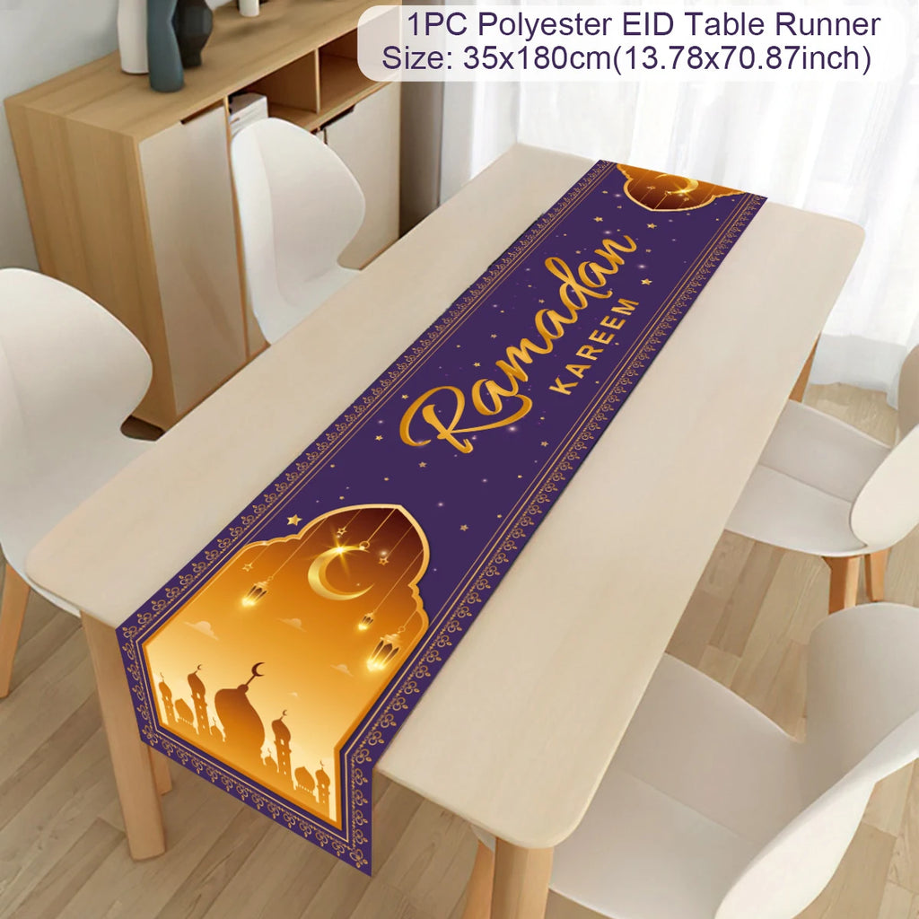 Ramadan decoration table runner from Showlu Fashion Store featuring Eid Mubarak design for Islamic home celebration tablecloth.