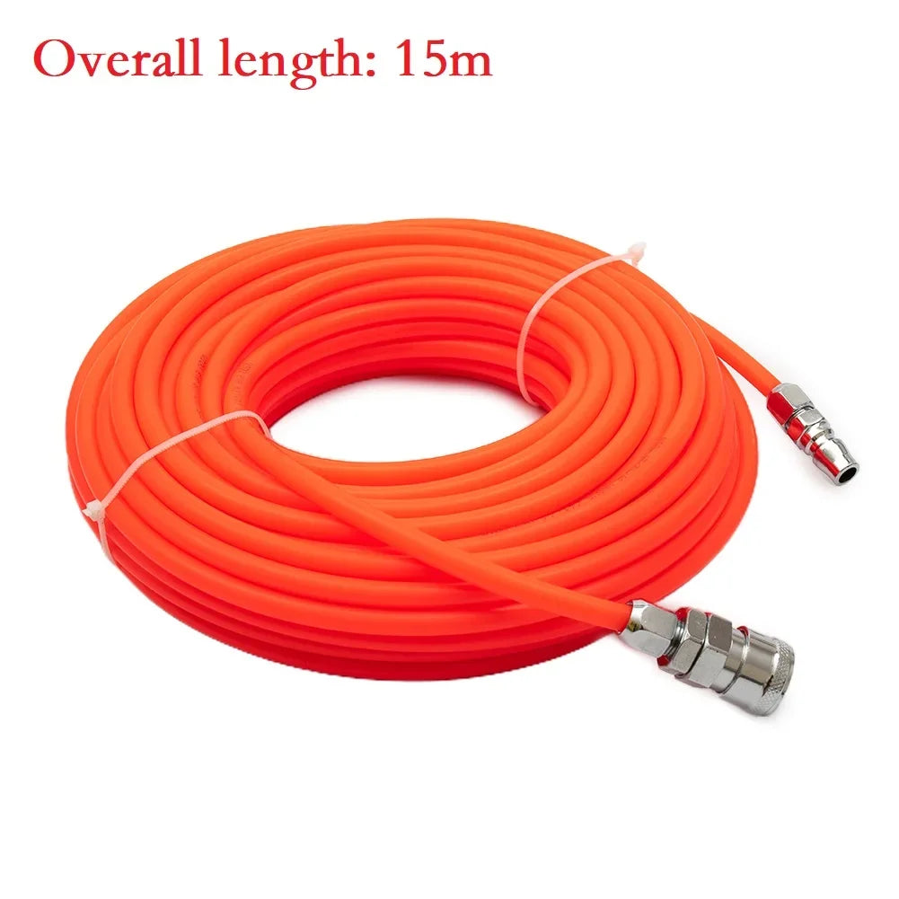 Heavy-duty pneumatic straight pipe air compressor hose with quick connector, suitable for tools and garden equipment.