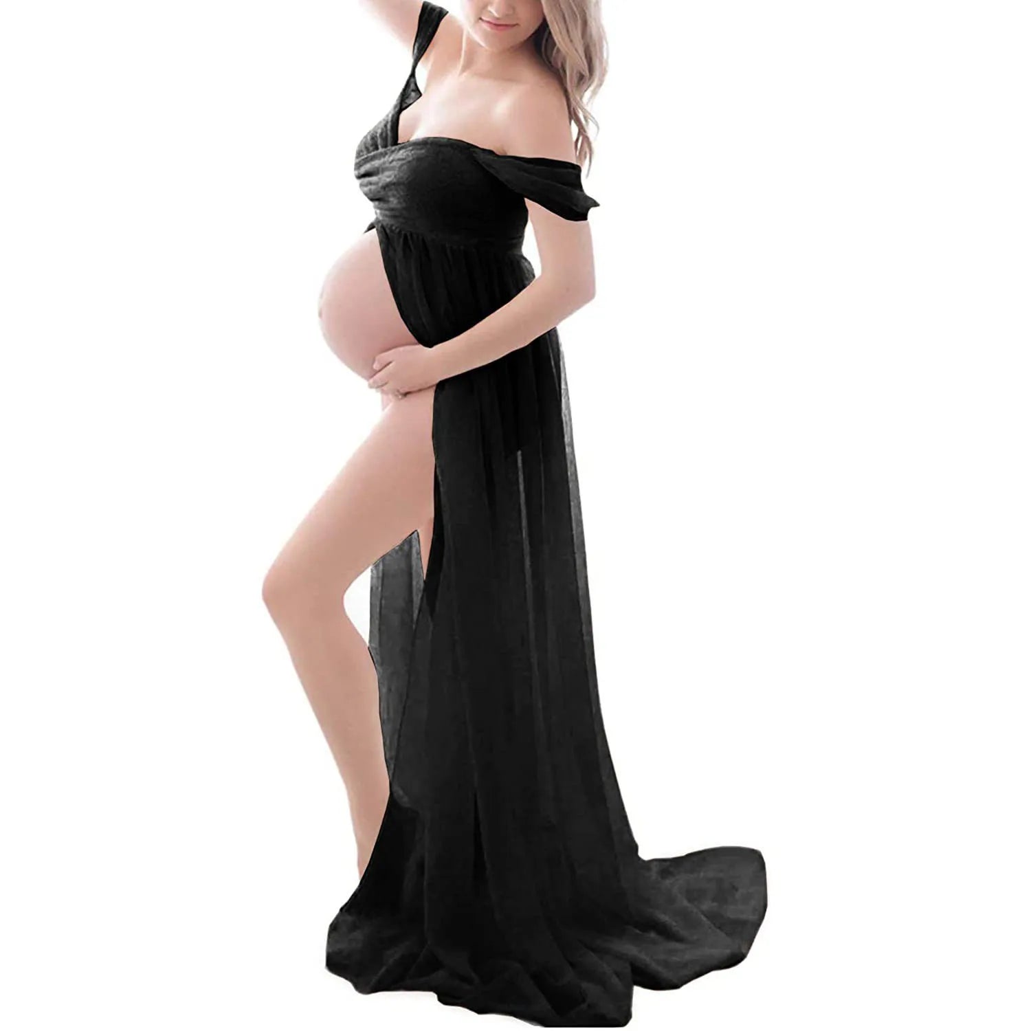 Deep V-neck lace maternity dress with long sleeves, tulle fabric, feather details, and hollow horn accents for photo shoots.