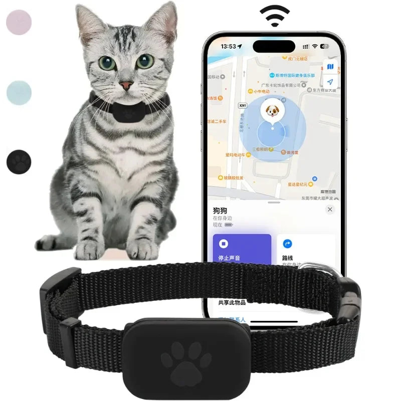 Waterproof Showlu Pet GPS Tracker for dogs and cats, showing device with LED indicator and attachment clip in close-up.