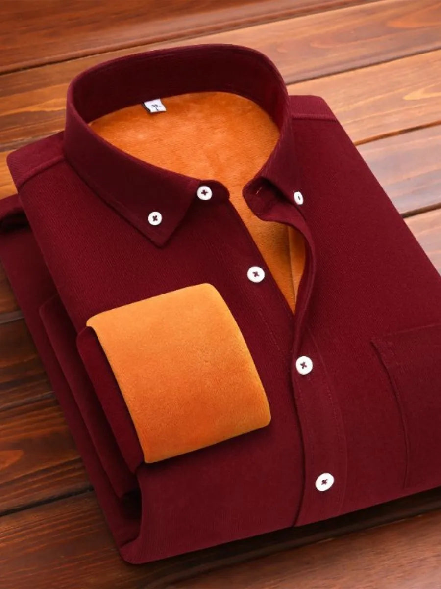 Men's winter corduroy thermal top with collar, loose fit, and pure color in warm, casual long-sleeve style by Showlu Fashion.