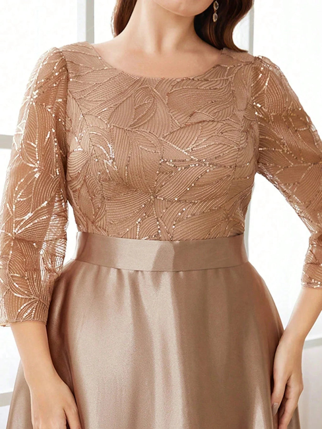 Long sleeve satin ball gown with sequin patchwork by SHOWLU FASHION, featuring a glamorous, elegant party dress design.