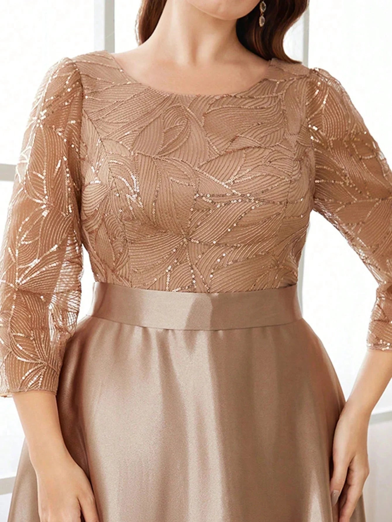 Long sleeve satin ball gown with sequin patchwork by SHOWLU FASHION, featuring a glamorous, elegant party dress design.