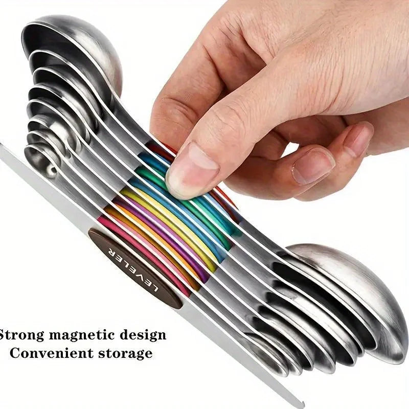 Showlu Smart General magnetic measuring spoons set with stainless steel bowls and engraved measurement markings on a white background.