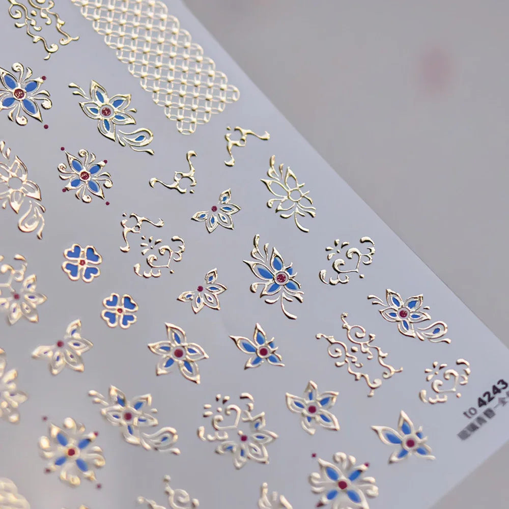 Elegant gold scepter 5D nail art stickers with gemstone design, self-adhesive manicure decals for luxurious nail decoration.