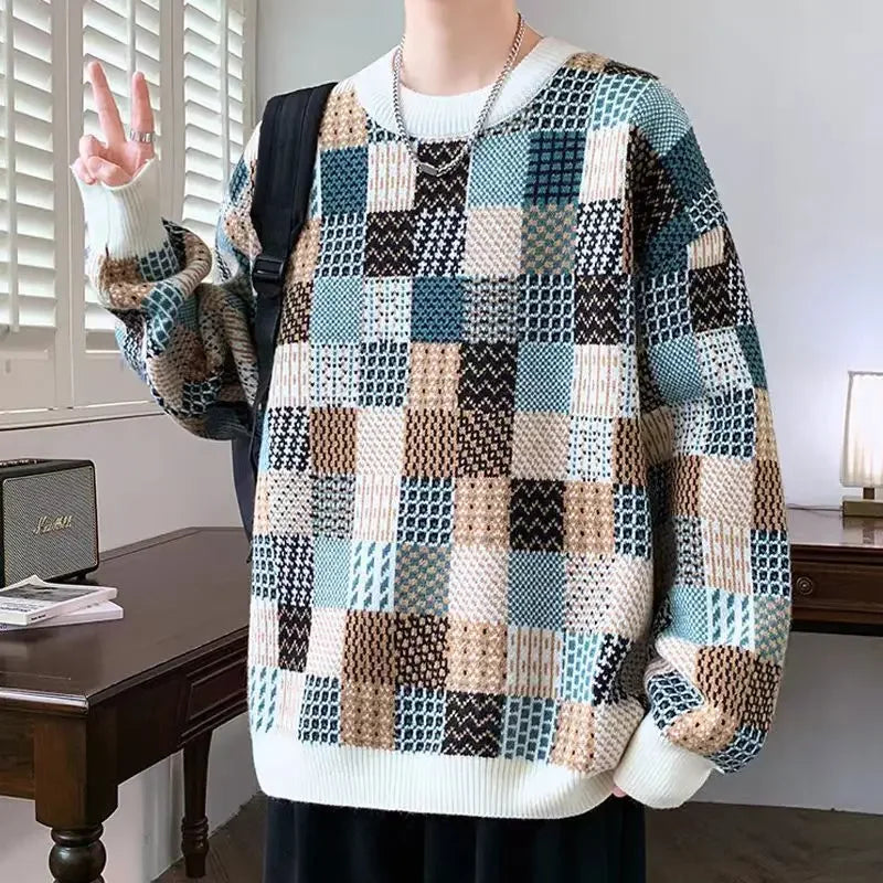 Plus size men's hippie grunge knit sweater with long sleeves, thick casual streetwear pullover by Showlu Fashion.
