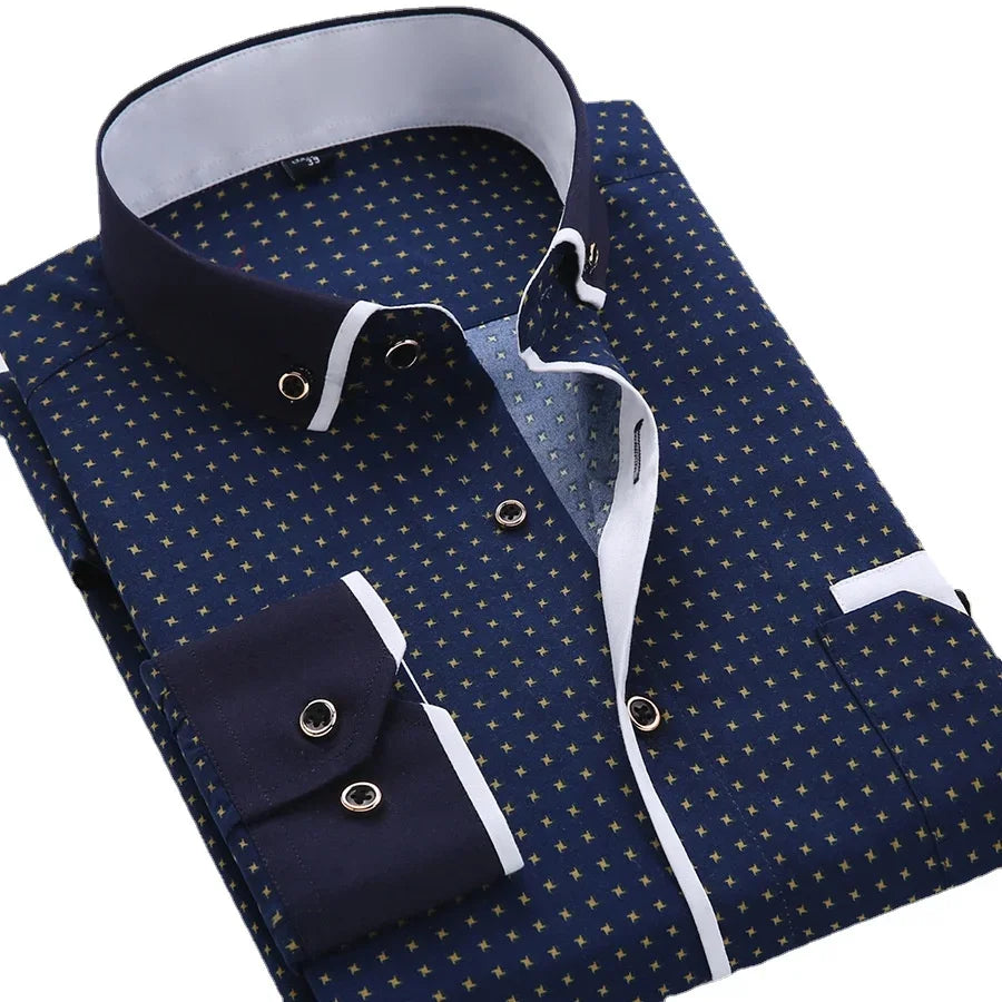 Black floral men’s button-down dress shirt with long sleeves, slim fit, high-quality fabric from Showlu Fashion Store.