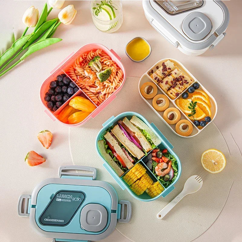 Reusable wheat straw bento lunch box with handle, compartmentalized food container for meals and snacks, portable and eco-friendly.