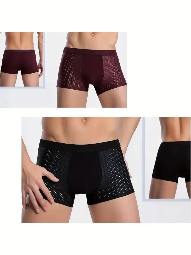 Showlu men's ice silk boxer shorts, seamless breathable underwear 4-pack, soft and lightweight men's underwear in a close-up image.