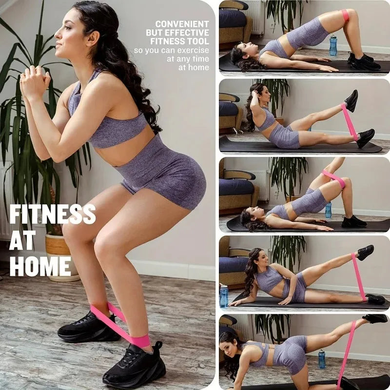 Set of Showlu Fitness Elastic Resistance Bands for home yoga, Pilates, Crossfit, and gym workouts, shown in a stretching position.