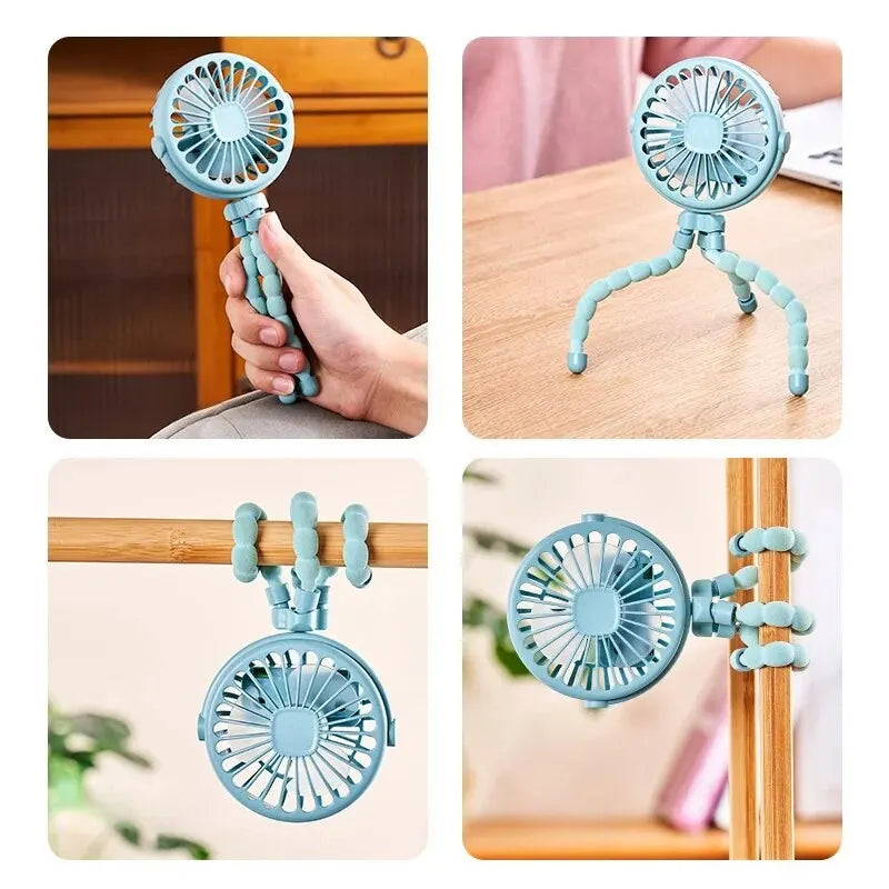 Showlu Portable Octopus Mini Fan, USB rechargeable baby stroller fan with flexible arms and compact design for on-the-go cooling.