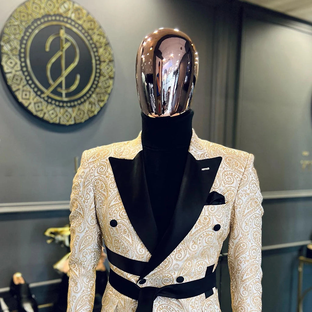 Designer Men Wedding  Blazer Floral Jacquard Coat Peaked Lapel Double Breasted For Male Prom Customize Only Jacket