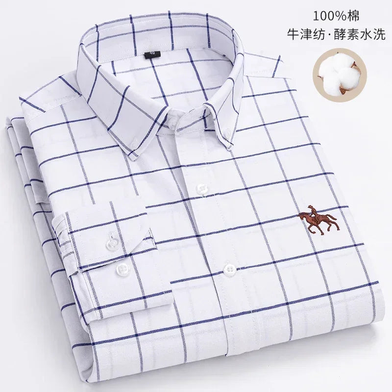 White men's casual cotton Oxford shirt with long sleeves and embroidered horse design, featuring a regular fit and button front.
