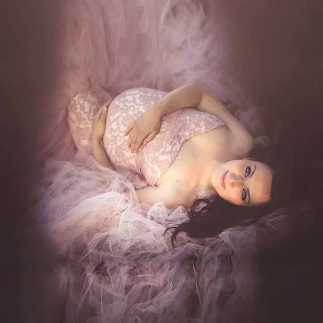Wheat&Turtle short sleeve lace maternity gown by SHOWLU FASHION, elegant maxi photography dress for expecting mothers.