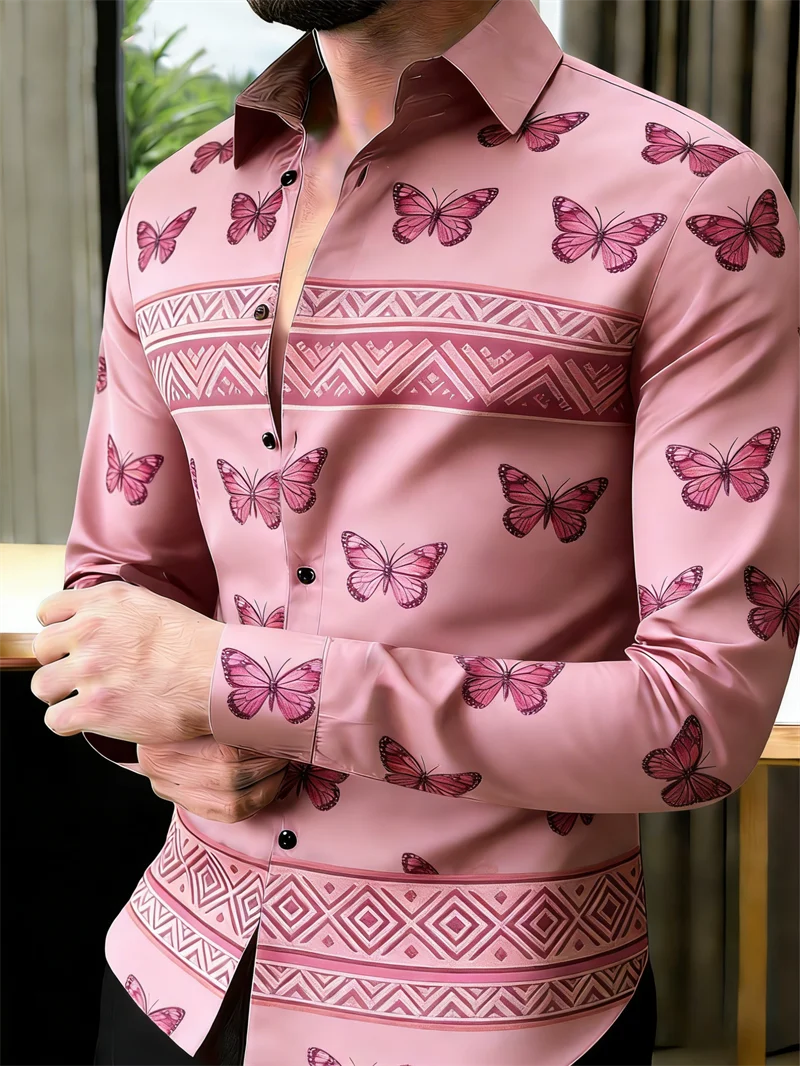 Men's long-sleeved lapel shirt with 3D printed butterfly pattern in 11 colors, stylish and fashionable from Showlu Fashion Store.