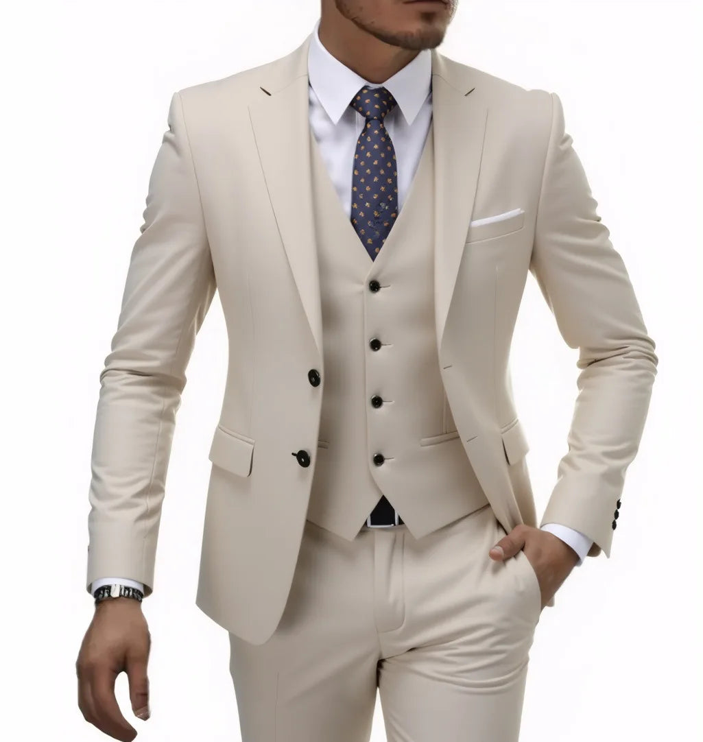 Men's casual 3-piece suit set by Showlu Fashion, featuring solid color blazer, trousers, and vest in 13 color options.