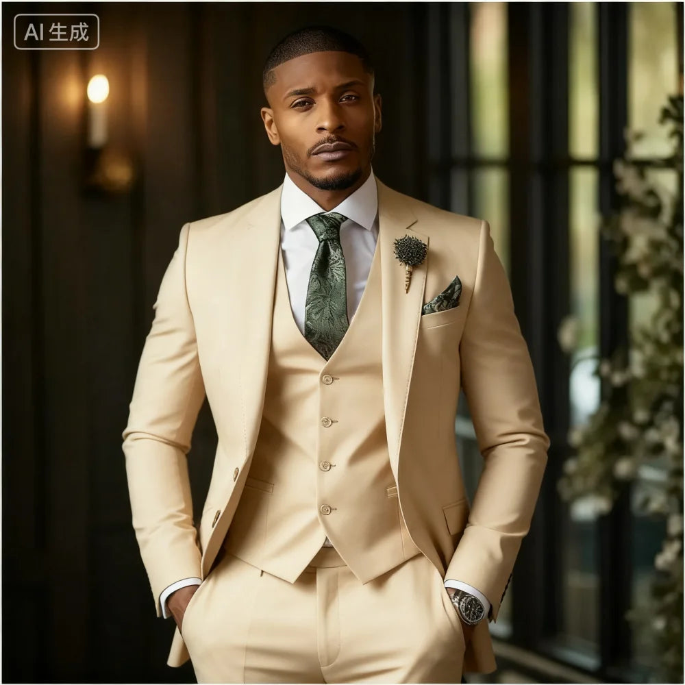 Showlu men's emerald green 3-piece slim fit formal tuxedo suit with jacket, vest, and trousers, tailored for a sleek, sophisticated look.