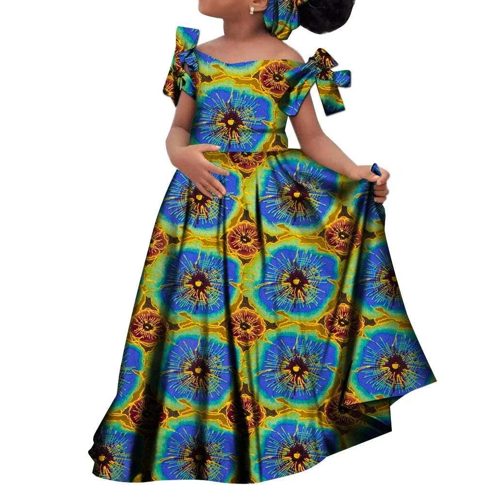 Girls African dashiki cotton dress with matching headscarf from SHOWLU FASHION STORE, featuring vibrant traditional African print.