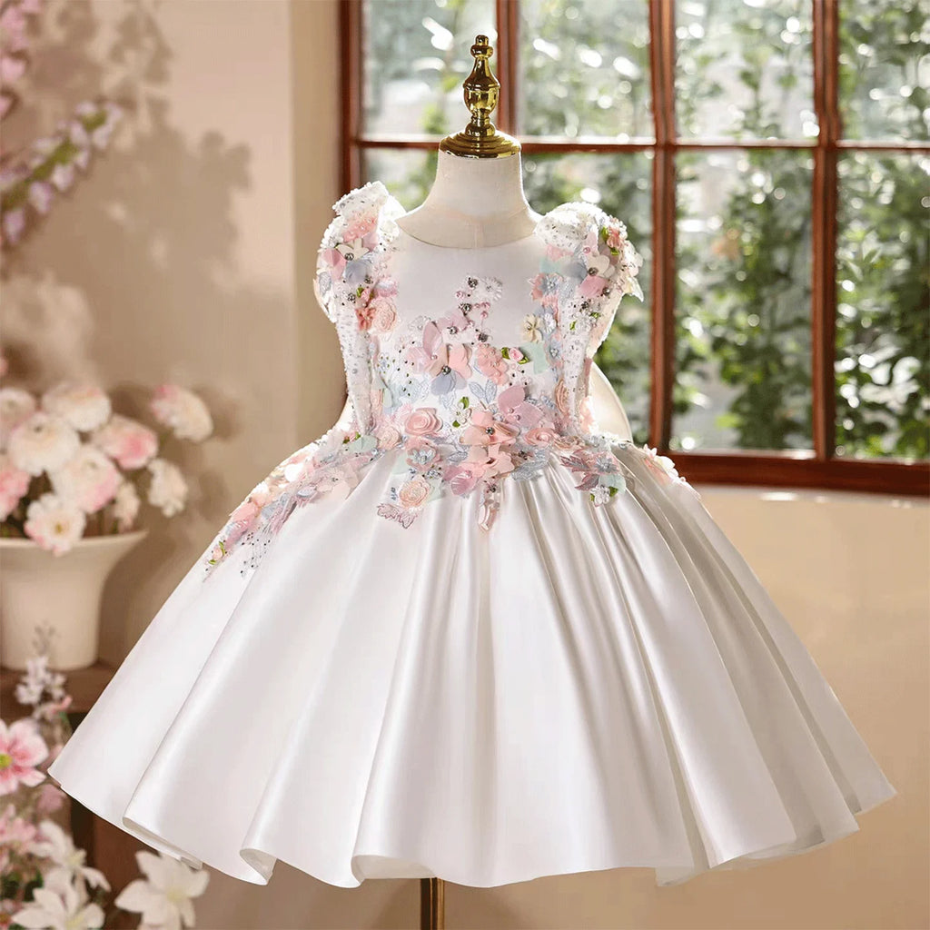 Dreamy Vow D247  Wedding Flower Girls Dress with Giant Back Bow White Satin Party Dress Children Birthday 3D Flowers