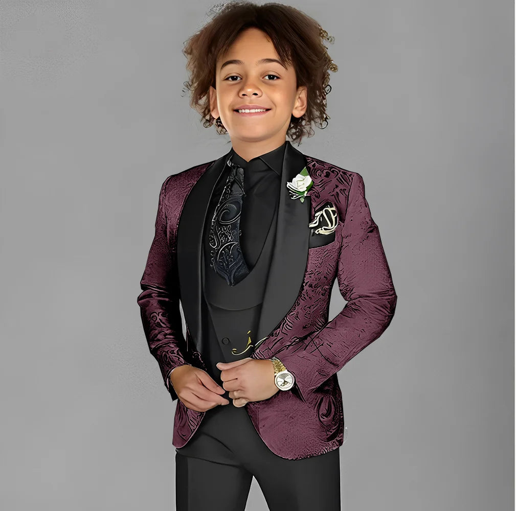 Jacquard boys' 3-piece wedding tuxedo suit with jacket, pants, and vest for kids ages 2-16, formal party attire from Showlu Fashion.