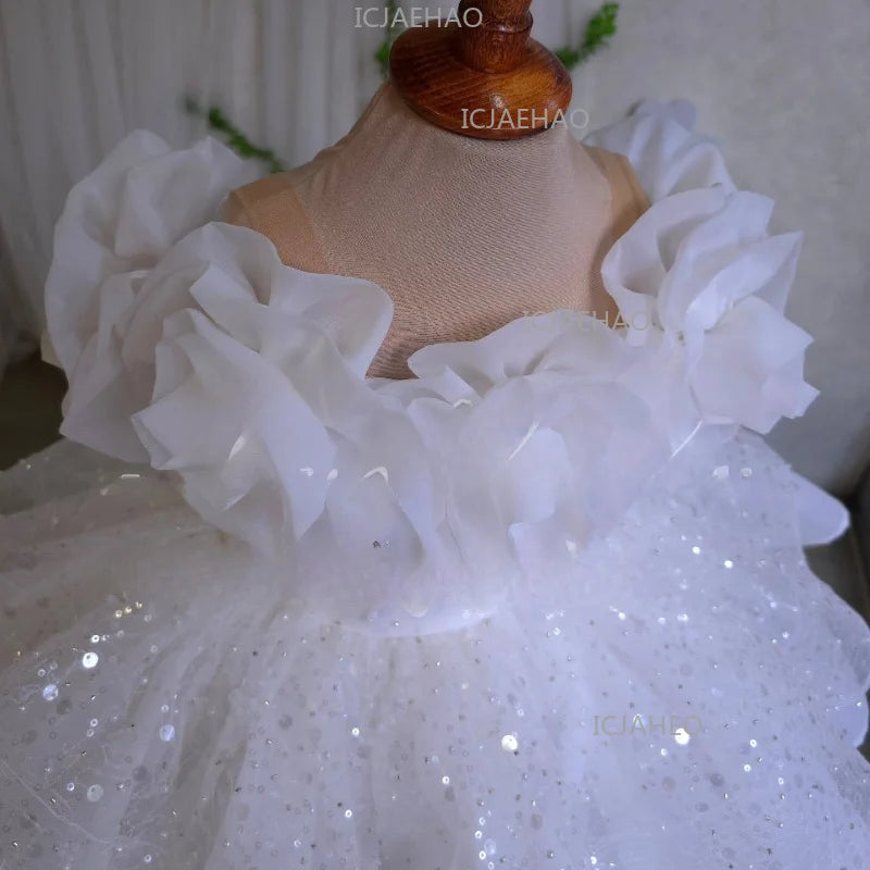 New Kids Girls Princess Dress Children Fashion Sleeveless White Off Shoulder 3D Floral Tulle Gown Baby First Birthday Costume