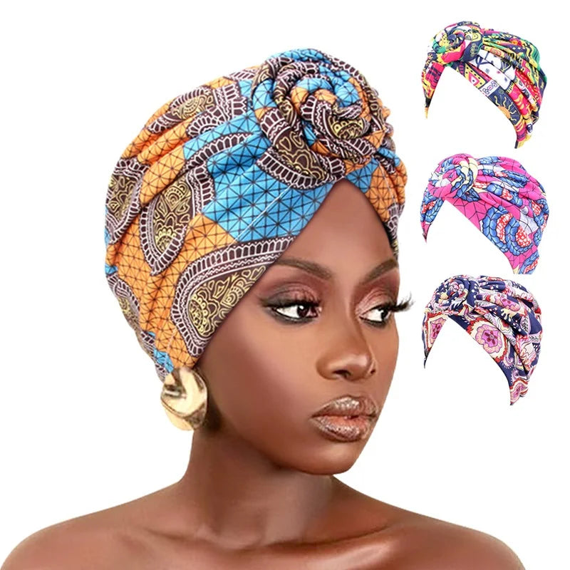 African print pleated turban floral beanie with a front knot, elastic head wrap, and elegant bandana style for women.