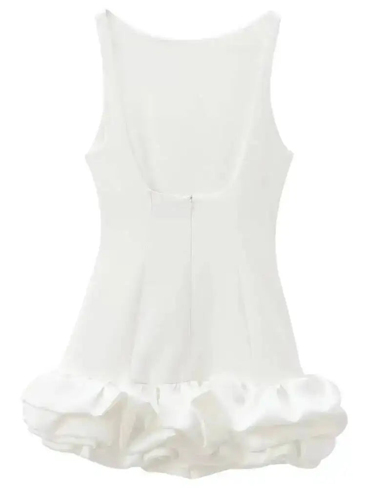 White women's short bodycon dress with ruffle backless design, sleeveless mini dress for summer parties, from Showlu Fashion.