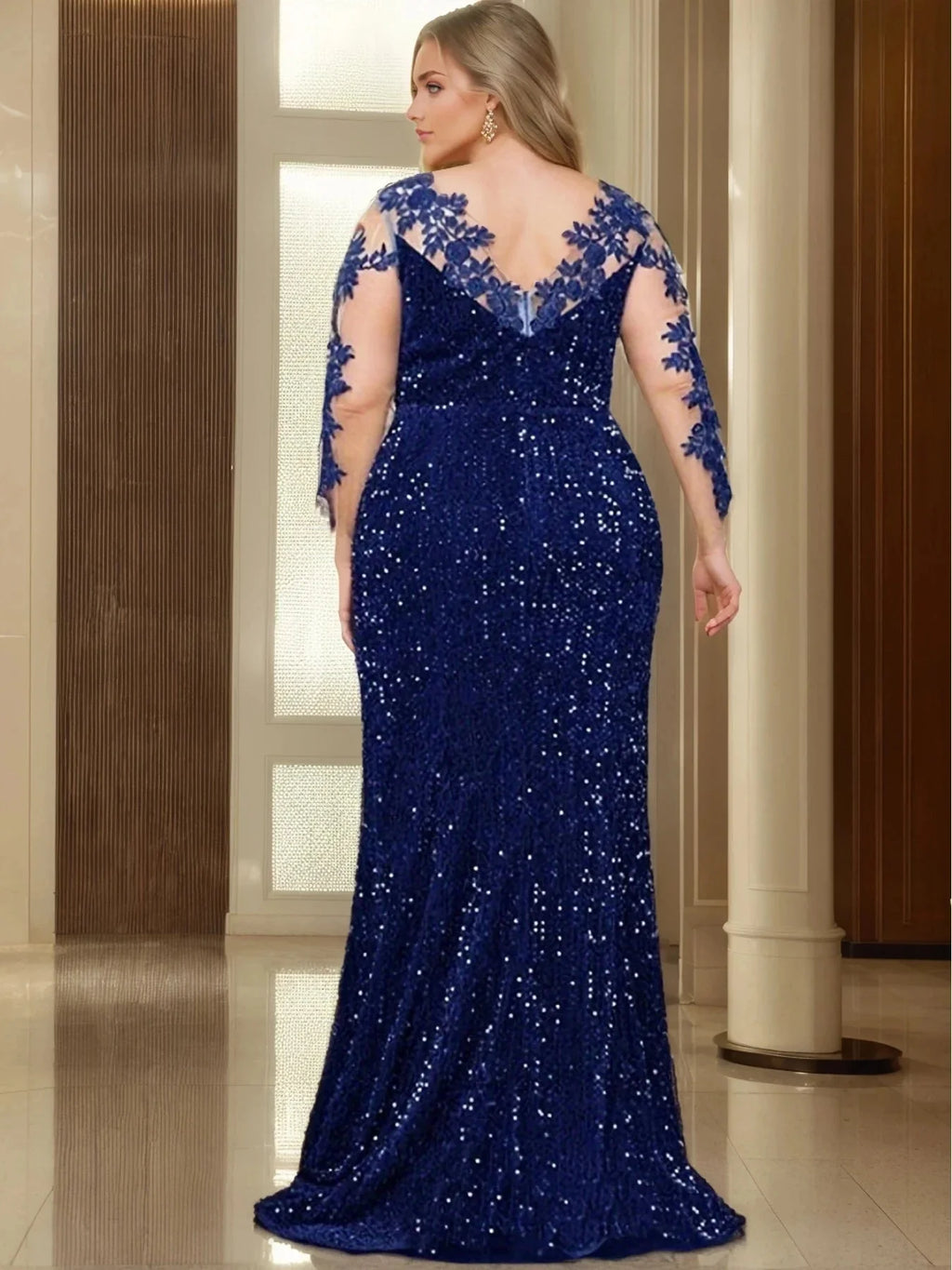 SHOWLU FASHION Sequin Lace Mermaid Prom Gown with illusion long sleeves, featuring elegant lace and shimmering sequins.