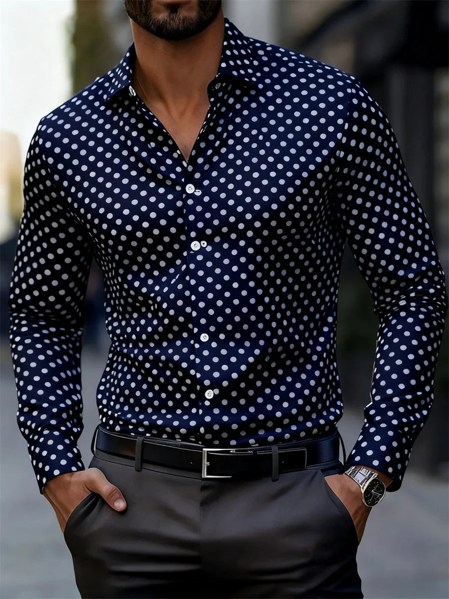 Men's slim-fit long-sleeved polka dot print shirt from Showlu Fashion Store, featuring a stylish business casual design.