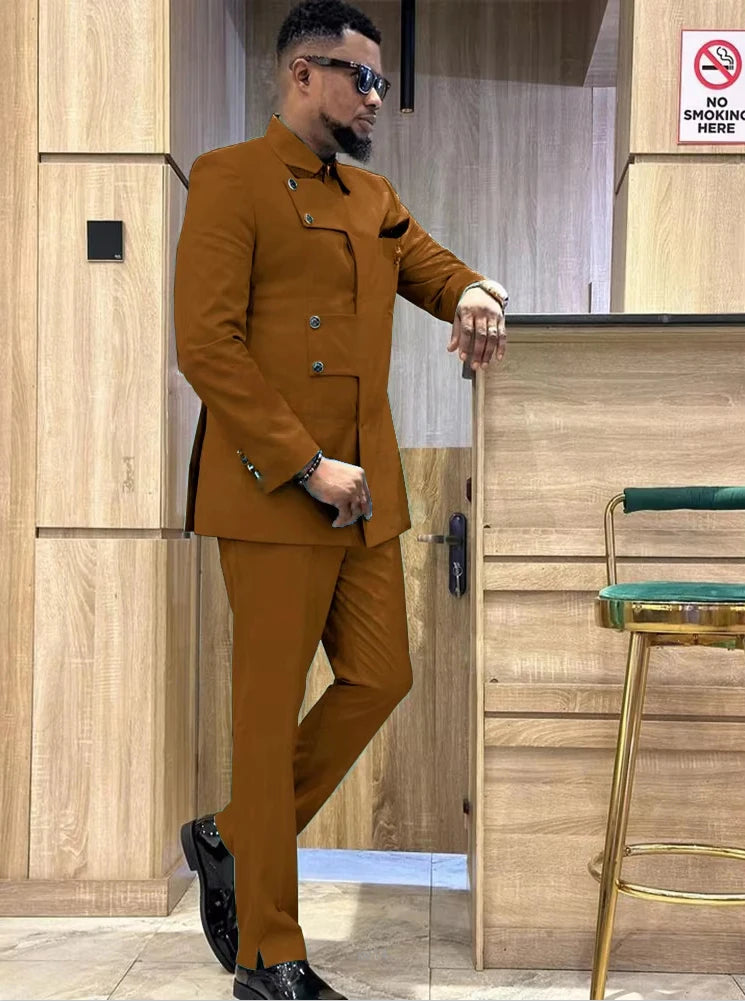 Showlu Men's slim fit Italian style 2-piece suit with single-breasted serge fabric, tailored for a modern, sophisticated look.