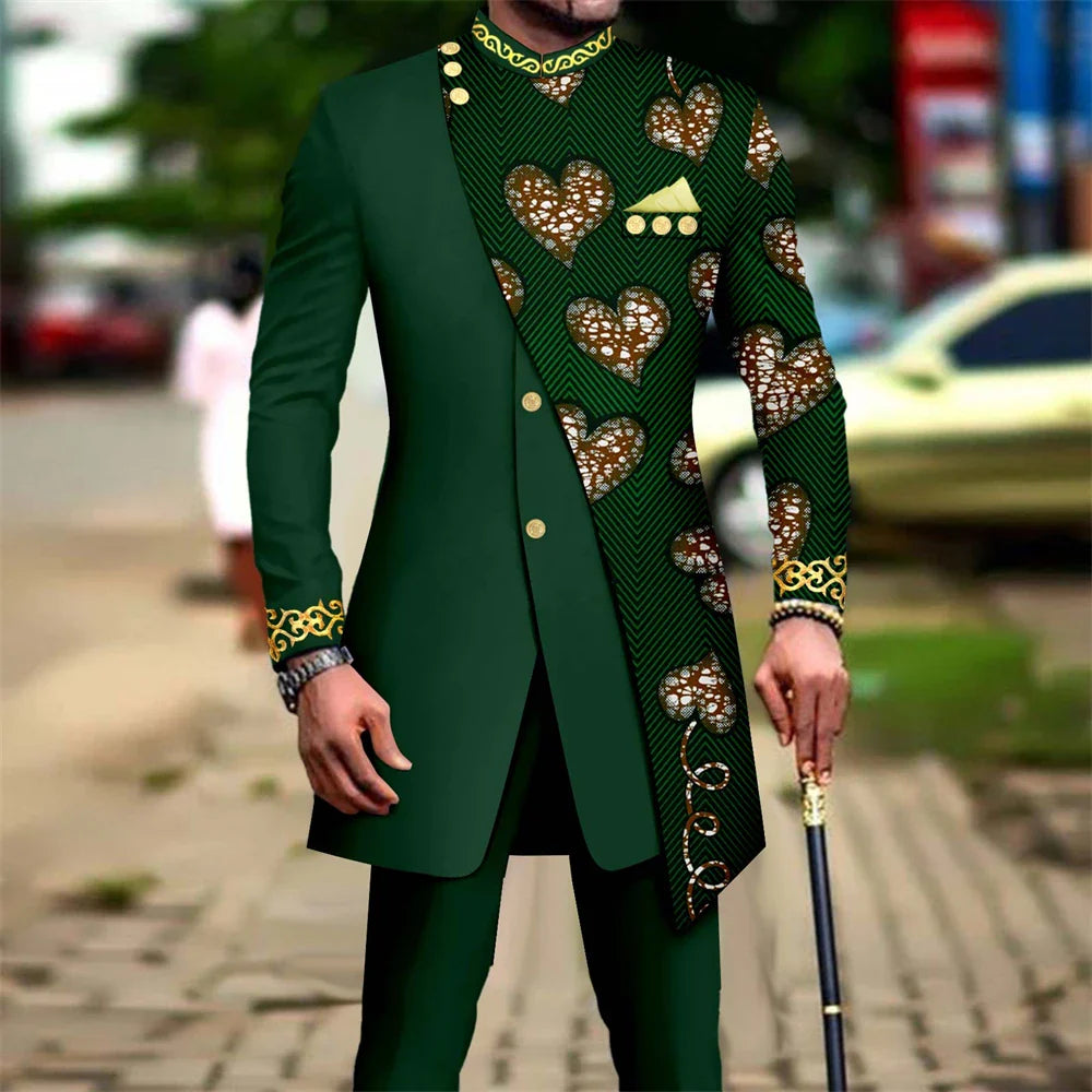 SHOWLU men's African embroidery print suit, 2-piece slim fit wedding set featuring intricate embroidery and tailored fit.