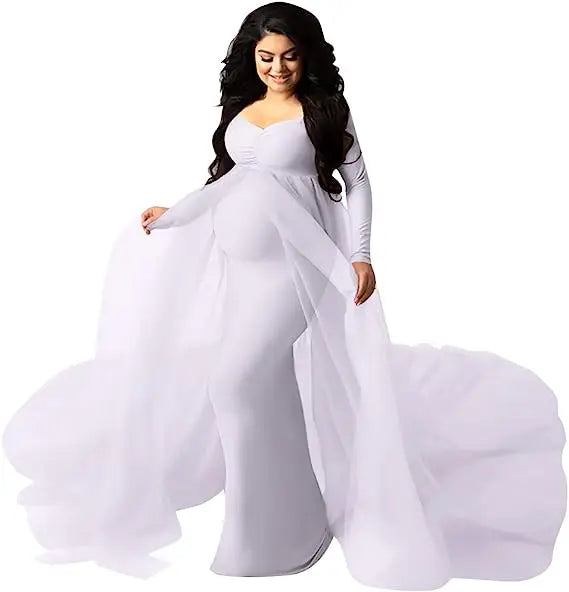Deep V-neck tulle maternity dress with lace hollow details, long sleeves, feather accents, ideal for photo shoots and special occasions.