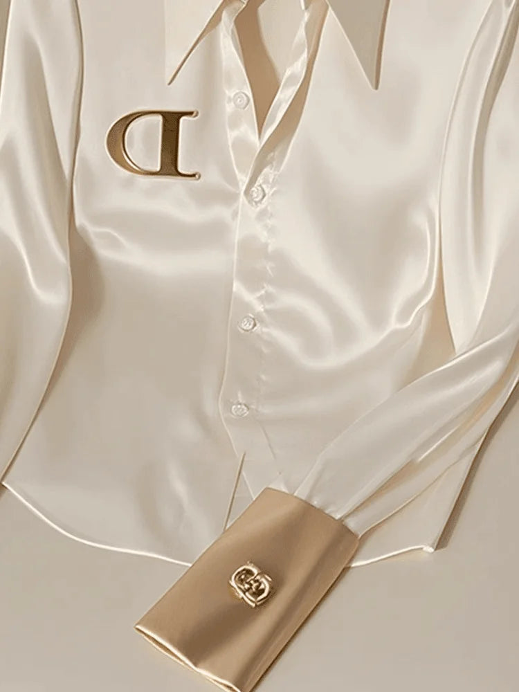 White satin blouse for women with a slim fit, long sleeves, perfect for office wear, from SHOWLU FASHION STORE.