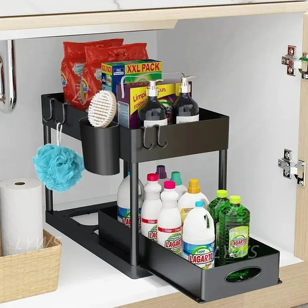 Showlu Smart General under sink organizer rack with multiple compartments for efficient kitchen or bathroom storage.