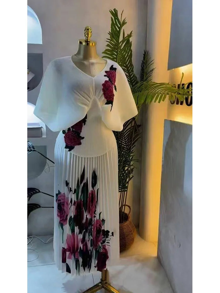 Showlu Fashion V-neck short sleeve pleated 2-piece set with printed high waist slim skirt, elegant evening dress for women.