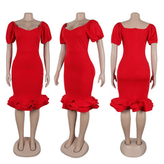 Elegant Ruffles Hem Classic Party Pencil Dress Women Night Club Square Neck Slim Fit Workwear Office Lady Bodycon Midi Dresses