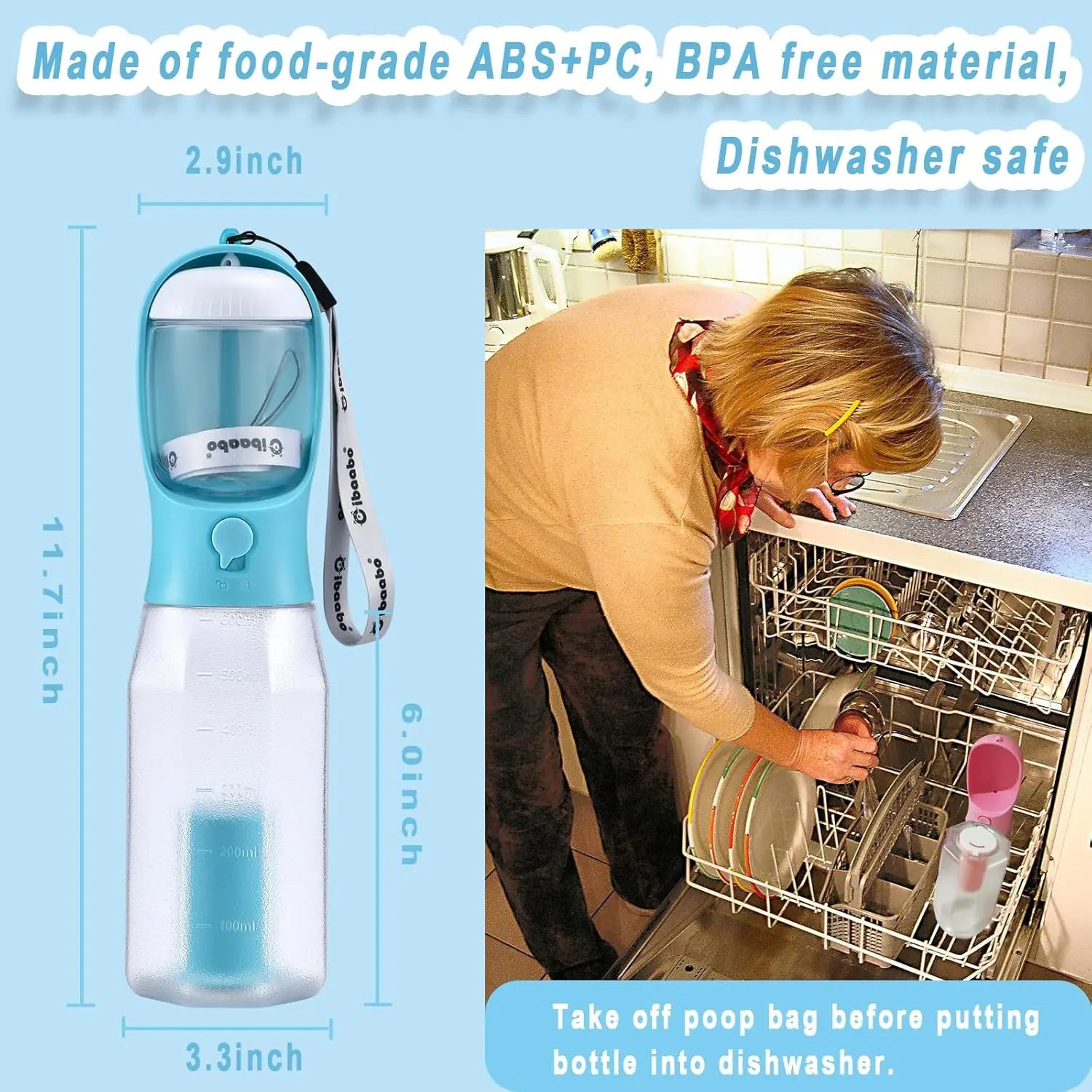 Showlu 3-in-1 portable dog water bottle with food and poop bag holder, designed for outdoor pet walks and convenience.