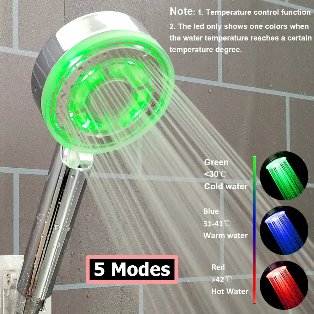 Showlu Smart General LED handheld shower head with temperature display and adjustable pressure, shown mounted in a modern bathroom.