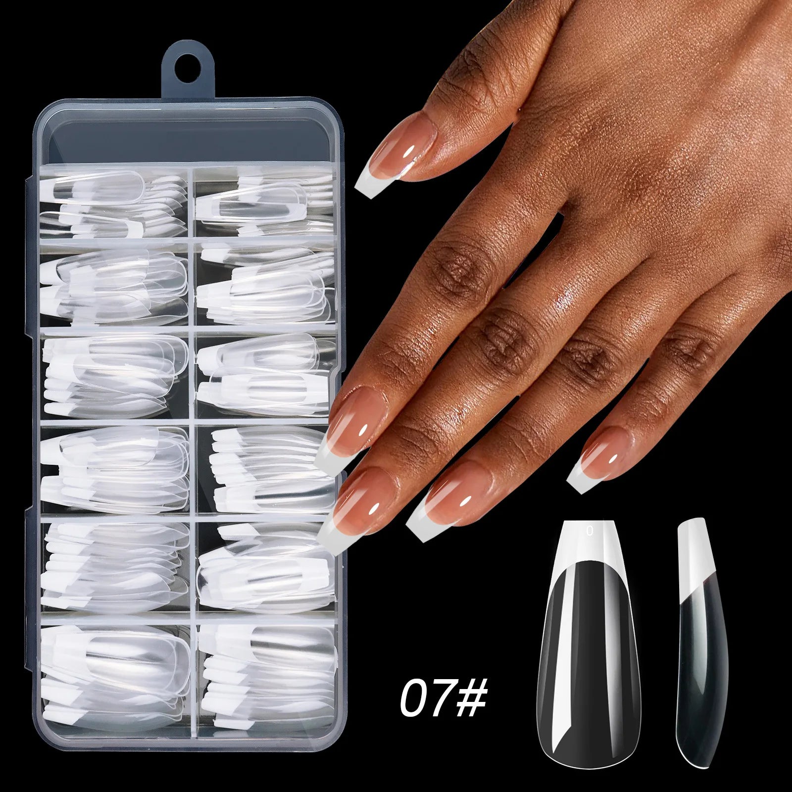 Set of 120 acrylic French false nails with medium square tips in mixed sizes for full cover, removable press-on nails.