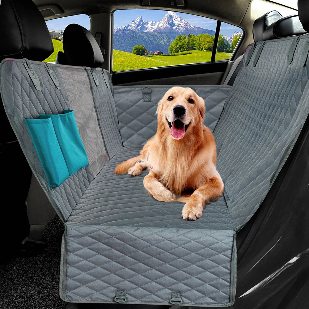 Waterproof dog car seat cover with hammock design, safety belt, and large size for SUVs and trucks, by Showlu Fashion Store.