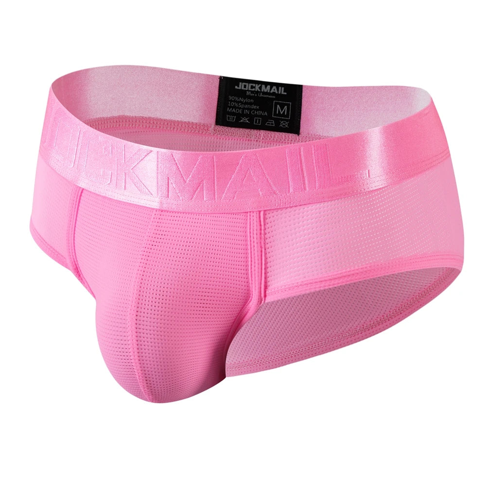 Men's nylon mesh briefs by JOCKMAIL, quick-dry solid color underwear featuring breathable, lightweight nylon mesh fabric.