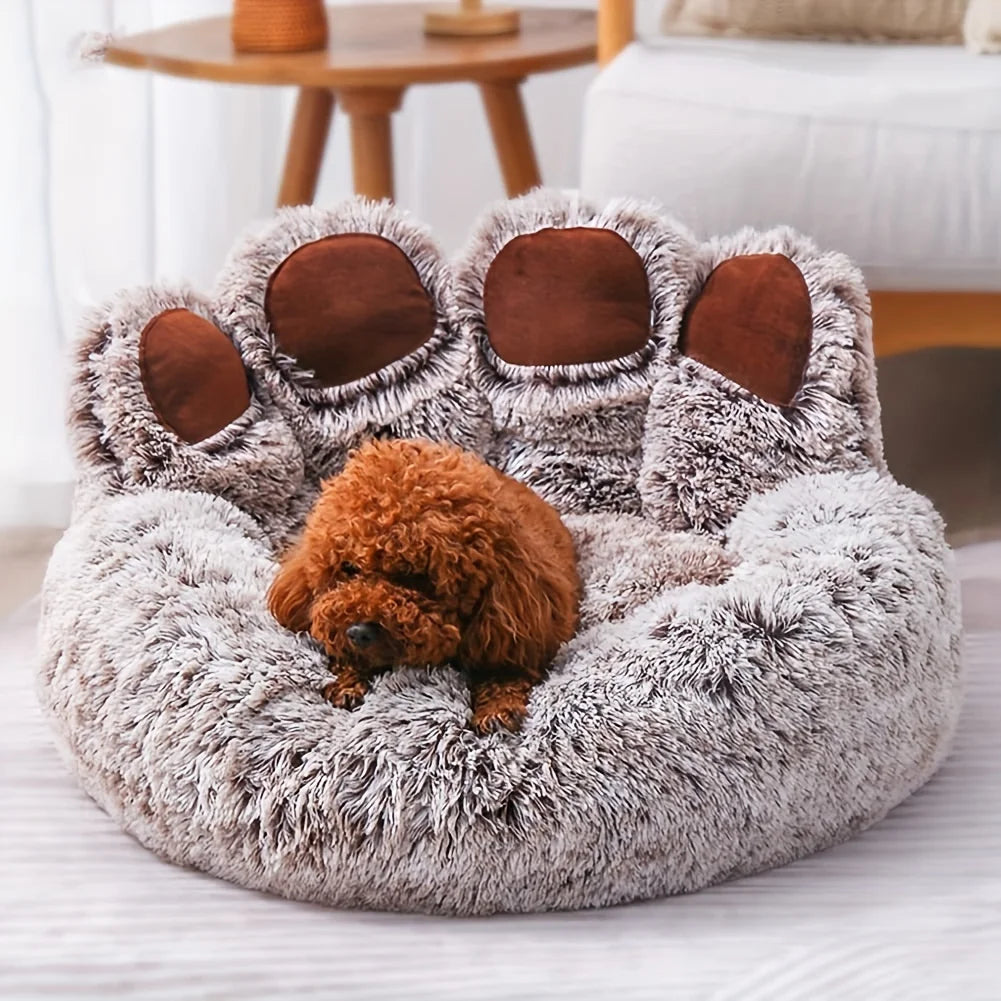 BeiYu Pet Bear Paw Dog Bed and Cat Sofa Cushion showing soft, fluffy, breathable fabric in a cozy pet resting on the cushion.