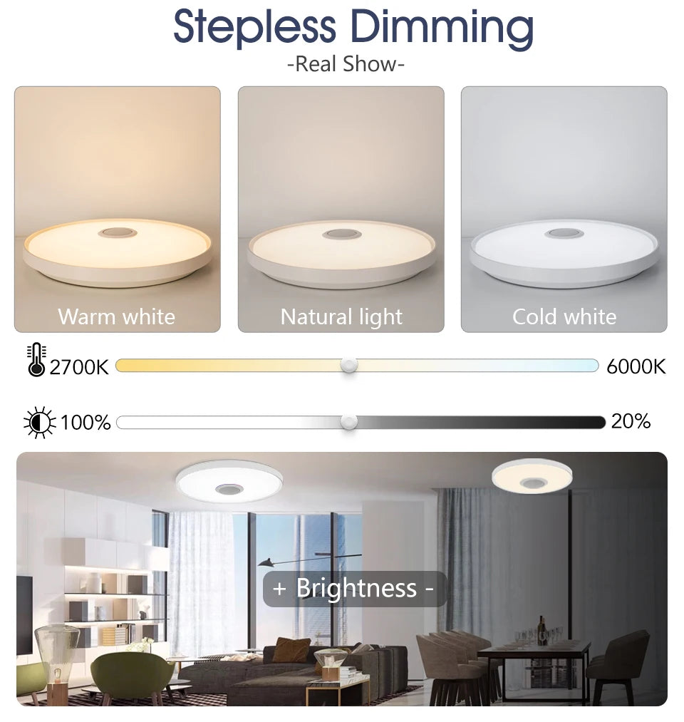 Showlu Smart RGB LED ceiling light with Bluetooth speaker and remote control, featuring adjustable colors and modern ceiling design.