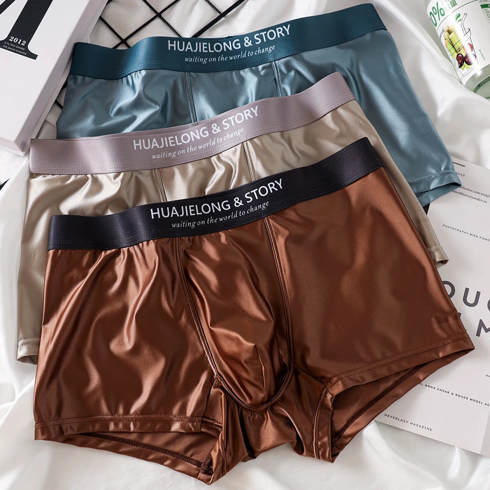Showlu men's ice silk boxer shorts in a 3-pack, breathable mesh underwear with a comfortable fit and sleek design.